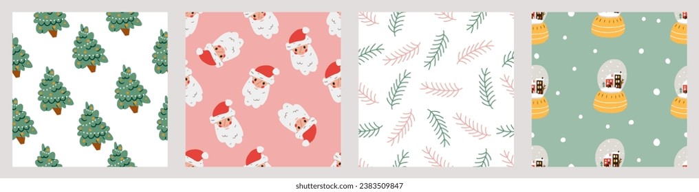 Set of abstract Christmas seamless patterns. Cute Xmas repeating backgrounds collection. Winter holidays print bundle. Flat cartoon vector illustration