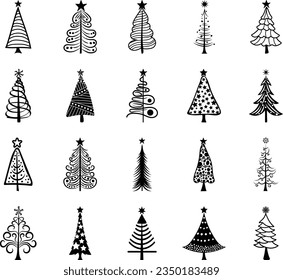 Conjunto de colección de íconos del doodle del Árbol de Navidad Resumen para el diseño festivo y del año nuevo. Silueta negra de elemento de diseño estacional.