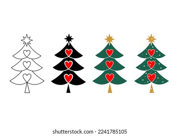 Set of abstract Christmas tree icons decorated with three hearts