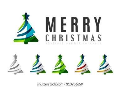 Set of abstract Christmas Tree Icons, business logo concepts, clean modern glossy design. Created with transparent abstract lines