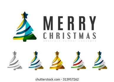 Set of abstract Christmas Tree Icons, business logo concepts, clean modern glossy design. Created with transparent abstract lines