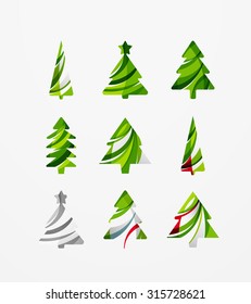 Set of abstract Christmas Tree Icons, business logo concepts, clean modern glossy design. Created with transparent abstract lines