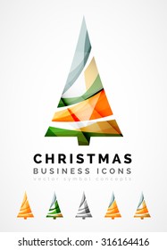 Set of abstract Christmas Tree Icons, business logo concepts, clean modern glossy design. Created with transparent abstract wave lines