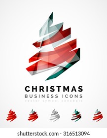 Set of abstract Christmas Tree Icons, business logo concepts, clean modern glossy design. Created with transparent abstract wave lines