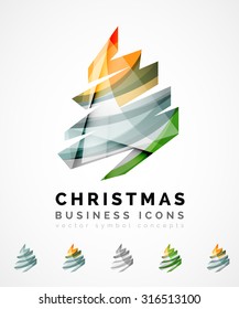 Set of abstract Christmas Tree Icons, business logo concepts, clean modern glossy design. Created with transparent abstract wave lines