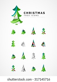 Set of abstract Christmas Tree Icons, business logo concepts, clean modern glossy design. Created with transparent abstract wave lines