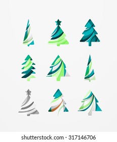 Set of abstract Christmas Tree Icons, business logo concepts, clean modern glossy design. Created with transparent abstract lines