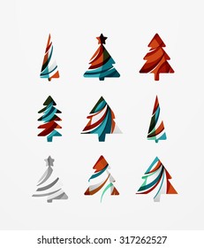 Set of abstract Christmas Tree Icons, business logo concepts, clean modern glossy design. Created with transparent abstract lines