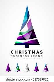 Set of abstract Christmas Tree Icons, business logo concepts, clean modern glossy design. Created with transparent abstract wave lines