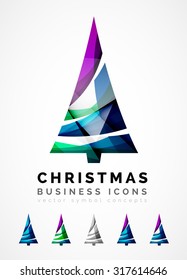 Set of abstract Christmas Tree Icons, business logo concepts, clean modern glossy design. Created with transparent abstract wave lines