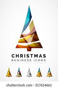 Set of abstract Christmas Tree Icons, business logo concepts, clean modern glossy design. Created with transparent abstract wave lines