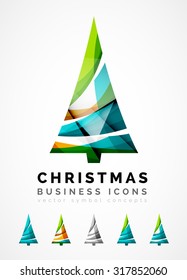 Set of abstract Christmas Tree Icons, business logo concepts, clean modern glossy design. Created with transparent abstract wave lines