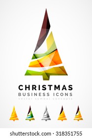 Set of abstract Christmas Tree Icons, business logo concepts, clean modern glossy design. Created with transparent abstract wave lines