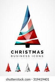 Set of abstract Christmas Tree Icons, business logo concepts, clean modern glossy design. Created with transparent abstract wave lines