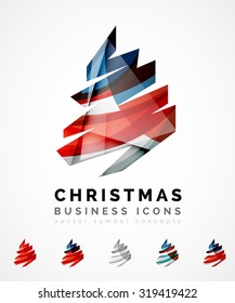 Set of abstract Christmas Tree Icons, business logo concepts, clean modern glossy design. Created with transparent abstract wave lines