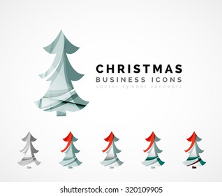 Set of abstract Christmas Tree Icons, business logo concepts, clean modern glossy design. Created with transparent abstract wave lines