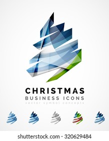 Set of abstract Christmas Tree Icons, business logo concepts, clean modern glossy design. Created with transparent abstract wave lines