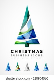 Set of abstract Christmas Tree Icons, business logo concepts, clean modern glossy design. Created with transparent abstract wave lines