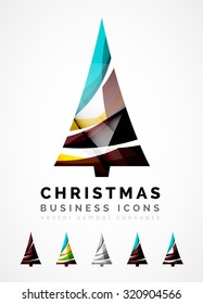 Set of abstract Christmas Tree Icons, business logo concepts, clean modern glossy design. Created with transparent abstract wave lines