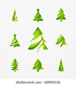 Set of abstract Christmas Tree Icons, business logo concepts, clean modern glossy design. Created with transparent abstract lines