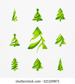 Set of abstract Christmas Tree Icons, business logo concepts, clean modern glossy design. Created with transparent abstract lines