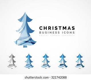 Set of abstract Christmas Tree Icons, business logo concepts, clean modern glossy design. Created with transparent abstract wave lines
