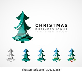 Set of abstract Christmas Tree Icons, business logo concepts, clean modern glossy design. Created with transparent abstract wave lines