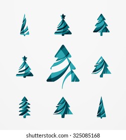 Set of abstract Christmas Tree Icons, business logo concepts, clean modern glossy design. Created with transparent abstract lines