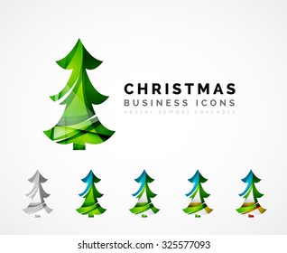 Set of abstract Christmas Tree Icons, business logo concepts, clean modern glossy design. Created with transparent abstract wave lines