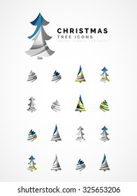 Set of abstract Christmas Tree Icons, business logo concepts, clean modern glossy design. Created with transparent abstract wave lines