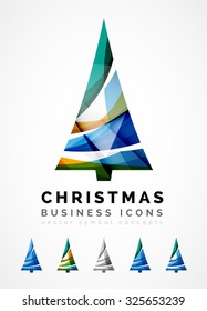 Set of abstract Christmas Tree Icons, business logo concepts, clean modern glossy design. Created with transparent abstract wave lines