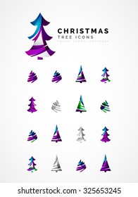 Set of abstract Christmas Tree Icons, business logo concepts, clean modern glossy design. Created with transparent abstract wave lines