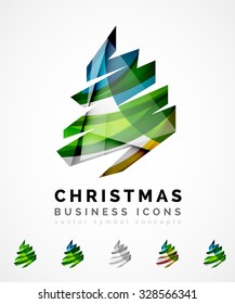 Set of abstract Christmas Tree Icons, business logo concepts, clean modern glossy design. Created with transparent abstract wave lines