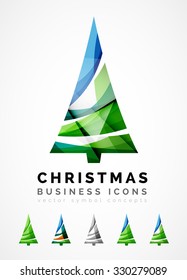Set of abstract Christmas Tree Icons, business logo concepts, clean modern glossy design. Created with transparent abstract wave lines