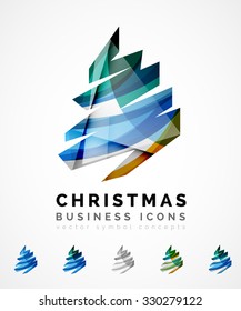 Set of abstract Christmas Tree Icons, business logo concepts, clean modern glossy design. Created with transparent abstract wave lines
