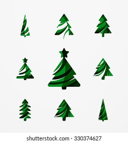 Set of abstract Christmas Tree Icons, business logo concepts, clean modern glossy design. Created with transparent abstract lines
