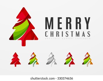 Set of abstract Christmas Tree Icons, business logo concepts, clean modern glossy design. Created with transparent abstract lines
