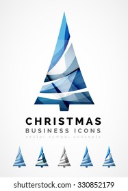 Set of abstract Christmas Tree Icons, business logo concepts, clean modern glossy design. Created with transparent abstract wave lines