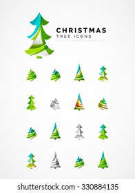 Set of abstract Christmas Tree Icons, business logo concepts, clean modern glossy design. Created with transparent abstract wave lines