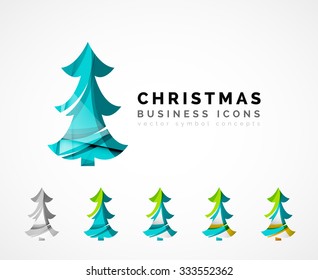 Set of abstract Christmas Tree Icons, business logo concepts, clean modern glossy design. Created with transparent abstract wave lines