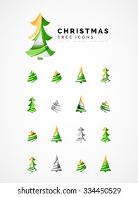 Set of abstract Christmas Tree Icons, business logo concepts, clean modern glossy design. Created with transparent abstract wave lines
