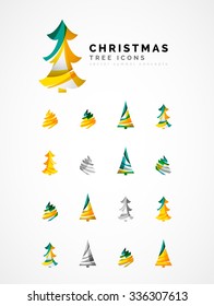 Set of abstract Christmas Tree Icons, business logo concepts, clean modern glossy design. Created with transparent abstract wave lines