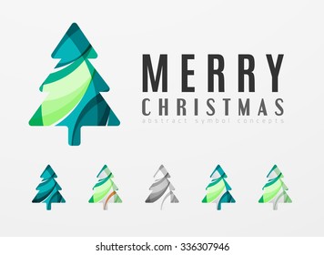 Set of abstract Christmas Tree Icons, business logo concepts, clean modern glossy design. Created with transparent abstract lines