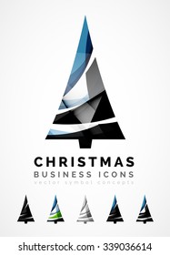 Set of abstract Christmas Tree Icons, business logo concepts, clean modern glossy design. Created with transparent abstract wave lines