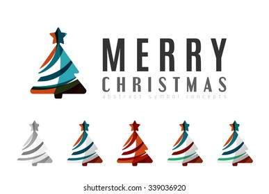 Set of abstract Christmas Tree Icons, business logo concepts, clean modern glossy design. Created with transparent abstract lines
