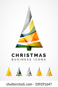 Set of abstract Christmas Tree Icons, business logo concepts, clean modern glossy design. Created with transparent abstract wave lines