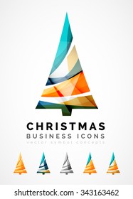 Set of abstract Christmas Tree Icons, business logo concepts, clean modern glossy design. Created with transparent abstract wave lines