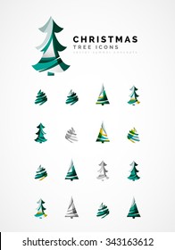 Set of abstract Christmas Tree Icons, business logo concepts, clean modern glossy design. Created with transparent abstract wave lines