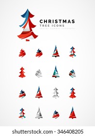 Set of abstract Christmas Tree Icons, business logo concepts, clean modern glossy design. Created with transparent abstract wave lines