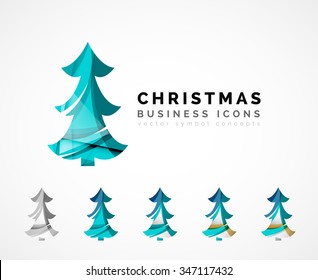 Set of abstract Christmas Tree Icons, business logo concepts, clean modern glossy design. Created with transparent abstract wave lines